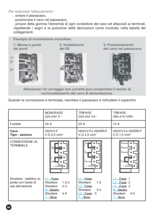 Page 5858
Esempio di connessione monofase.
1- Messa a punto 2- Installazione    3- Posizionamento
dei ponti dei fili    del cavo nel passacavo
Attenzione! Un serraggio non corretto può comportare il rischio di
surriscaldamento del cavo di alimentazione.
Quando la connessione è terminata, riavvitare il passacavo e richiudere il coperchio.
N
T
1
2
3
4
5
T
L1
L2
L31
2
3
4
5
T
L1
L2
L3
N
1
2
3
4
5
T N
L1
L11°
2°
3°
Per realizzare lallacciamento :
. svitare il passacavo,
. posizionare il cavo nel passacavo,
....