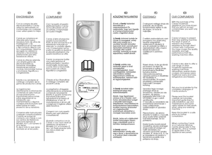 Page 2
2

IT
COMPLIMENTI
Con l’acquisto di questo
elettrodomestico Candy; 
Lei ha dimostrato di non
accettare compromessi: 
Lei vuole il meglio.
Candyé lieta di proporLe
questa nuova lavatrice
frutto di anni di ricerche e di
esperienze maturate sul
mercato, a contatto diretto
con i Consumatori. Lei ha
scelto la qualità, la durata e
le elevate prestazioni che
questa lavatrice Le offre.
CandyLe propone inoltre
una vasta gamma di
elettrodomestici: lavatrici,
lavastoviglie, lavasciuga,
cucine, forni a microonde,...