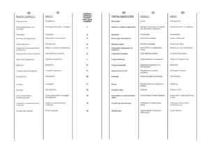 Page 3
IT
INDICE
Prefazione
Note generali alla consegna
Garanzia
Prescrizioni di sicurezza
Dati tecnici
Messa in opera, installazione
Descrizione comandi
Tabella programmi
Selezione 
Cassetto detersivo
Il prodotto
Lavaggio
Asciugatura
Ciclo automatico lavaggio
asciugatura
Pulizia e manutenzione
ordinaria
Ricerca guasti
CAPÍTULOCAPITOLOFEJEZET
POGLAVJE
CHAPTER
1
2
3
4
5
6
7
8
9
10
11
12
13
14
15
4 5

EN
INDEX
Introduction
General points on delivery
Guarantee
Safety Measures
Technical Data
Setting up and...