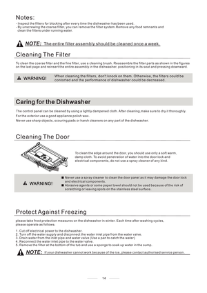 Page 18The control panel can be cleaned by using a lightly dampened cloth. After cleaning,make sure to dry it thoroughly.
For the exterior use a good appliance polish wax.
Never use sharp objects, scouring pads or harsh cleaners on any part of the dishwasher.
Protect Against Freezing
1. Cut off electrical power to the dishwasher.
2. Turn off the water supply and disconnect the water inlet pipe from the water valve.
3. Drain water from the inlet pipe and water valve (Use a pan to catch the water)
4. Reconnect...