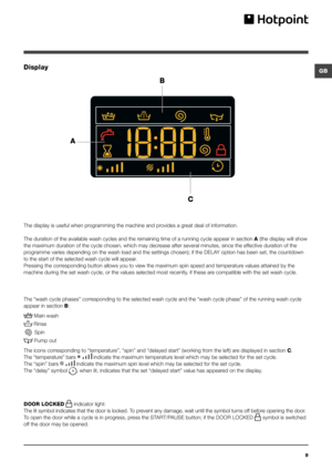 Page 99
GBDisplay
The display is useful when programming the machine and provides a great deal of information.
The duration of the available wash cycles and the remaining time of a running cycle appear in section A (the display will show 
the maximum duration of the cycle chosen, which may decrease after several minutes, since the effective duration of the 
programme varies depending on the wash load and the settings chosen); if the DELAY option has been set, the countdown 
to the start of the selected wash...