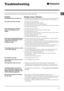 Page 1313
GB
Troubleshooting
Your washing machine could occasionally fail to work. Before contacting the Technical Assistance Service (see “ Service”), 
make sure that the problem cannot be solved easily using the following list.
Problem:
The machine does not switch on.
The wash cycle does not start.
The machine does not fill with 
water or ‘H20’ flashes in the 
display.
The machine continuously fills with 
water and continually drains away
or Water left in the drum
or Stuck on wash.
The machine does not drain...