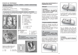 Page 5099
DODAJANJE DETERGENTA V
POMIVALNI STROJDetergent POMEMBNO
Zelo pomembno je, da uporabljate
samo namenske detergente za
pomivalne stroje; ti so lahko v obliki
pra‰ka, tekoãine ali tablet.
"CALGONIT" zagotavlja zelo dobre rezultate
pomivanja in je na voljo v veãini trgovin.
Neustrezni detergenti, npr. tisti, namenjeni
roãnemu pomivanju, niso primerni za rabo
v pomivalnem stroju, saj ne vsebujejo
ustreznih snovi in onemogoãijo pravilno
delovanje stroja. Polnjenje predalãka za detergentPredalãek za...