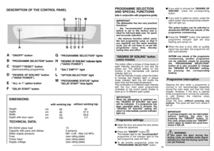 Page 1223 
22
EN 50242 place load Capacity with pans and dishesWater supply pressure FusePower inputSupply voltage 
15 9 personsMin. 0,08 - Max 0,8 MPa(see rating plate)(see rating plate)(see rating plate)
DESCRIPTION OF THE CONTROL PANEL 
TECHNICAL DATA: DIMENSIONS:Height Depth Width Depth with door open
cmcmcmcm 
with working top     
85 6060120 
without working top 
82 57,359,811 7
A
ON/OFF button 
B
PROGRAMME SELECTION button 
C
START/RESET button (start/cancelling programme) 
D 
DEGREE OF SOILING button...