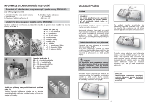 Page 21VKLÁDÁNÍ PRÁ·KUPrá‰ekDÒLEÎITÉ
Je nutné pouÏívat pouze speciální
mycí pﬁípravky pro myãky nádobí,
aÈ uÏ prá‰kové, tekuté, nebo ve
formû tablet.
"CALGONIT" zaji‰Èuje v˘borné v˘sledky
mytí a je snadno dostupn˘.
Nevhodné pﬁípravky (jako napﬁ. pro ruãní
mytí nádobí) neobsahují potﬁebné pﬁísady
pro pouÏití v myãkách a neumoÏÀují proto
správnou funkci tûchto spotﬁebiãÛ.
Závadou je i vysoká pûnivost pﬁípravkÛ pro
ruãní mytí.Plnûní zásobníku na mycí pﬁípravekZásobník na mycí pﬁípravky je na vnitﬁní
stûnû...