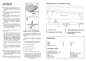 Page 5099
EN 50242 place load
Capacity with pans and dishes
Water supply pressure 
Fuse
Power input
Supply voltage12
8 persons
Min. 0,08 - Max 0,8 MPa
(see rating plate)
(see rating plate)
(see rating plate)DESCRIPTION OF THE CONTROL PANEL
TECHNICAL DATA: DIMENSIONS:Height
Depth 
Width 
Depth with door open
cm
cm
cm
cm82 ÷ 88,5
55
59,8
11 7
A
"ON/OFF" button 
B
PROGRAMME DESCRIPTION
C 
"PROGRAMME SELECTION" button
D 
"PROGRAMME SELECTION" 
indicator lights
C
BA
D
98
WHEN CYCLE IS...