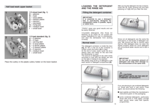 Page 8LOADING THE DETERGENT
AND THE RINSE AIDFilling the detergent containerIMPORTANT
It is essential to use a detergent
that is specifically designed for
dishwashers either in powder, liquid
or tablet form.
“FINISH” gives very good results and can
be easily obtained.
Unsuitable detergents (like those for
washing up by hand) do not contain the
proper ingredients for use in a dishwasher,
and stop the dishwasher from working
correctly.Normal washThe detergent container is inside the door
(fig. A “2”). If the lid...