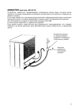 Page 9
7

АКВАСТОП (для мод. CDI 2515)
Устройство  «Аквастоп»  предупреждает  возможные  утечки  воды,  которые  могут привести к заливу помещения и возникают вследствие естественного старения за-ливного шланга. В системе «Аквастоп» протекшая вода заполняет гофрированный шланг и включает запорный клапан, который перекрывает подачу воды к посудомоечной машине.Эта неисправность видна по красному сектору в окне «А».В этом случае свяжитесь с сервисной службой.Если  длина  шланга  недостаточна  для  правильного...