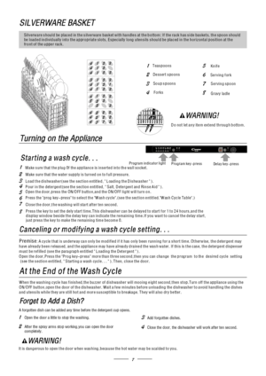 Page 97
Silverware s hould be placed in the s ilverware bask et with ha ndle s at the b ottom: If the rack has side baskets, the spoon should
be loaded individually into the appropriate slots, Espec ially long utensils shou ld be plac ed in the h orizontal pos ition at th e
fro nt of the uppe r rack.
When the washing cycle has finished,the buzzer of dishwasher will mooing eight second,then stop.Turn off the appliance using the
ON/O FF button ,open the door of th e dis hwa sher . Wait a few minute s before...