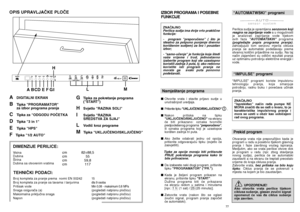 Page 3976
TEHNIâKI PODACI: DIMENZIJE PERILICE:
A
DIGITALNI EKRAN
B
Tipka "PROGRAMATOR"  
za izbor programa pranja
C
Tipka za "ODGODU POâETKA
D
Tipka "3 in 1" 
E
Tipka "HPS" 
F  
Tipka "1/2 AUTO" 
G  
Tipka za pokretanje programa 
("START")
H
Svjetlo "RAZINA SOLI" 
I
Svjetlo "RAZINA 
SREDSTVA ZA SJAJ"
L
Vodiã kroz programe
M
Tipka "UKLJUâENO/ISKLJUâENO" 
Visina
Dubina
·irina
Dubina sa otvorenim vratima
cm
cm
cm
cm82÷88,5
55
59,8
117
Broj...