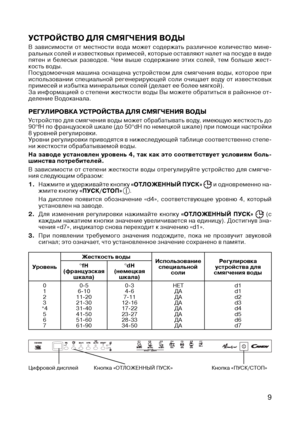 Page 11
9

УСТРОЙСТВО дЛЯ СМЯГЧЕНИЯ ВОдЫ
В  зависимости  от  местности  вода  может  содержать  различное  количество  мине-ральных солей и известковых примесей, которые оставляют налет на посуде в виде пятен  и  белесых  разводов.  Чем  выше  содержание  этих  солей,  тем  больше  жест-кость воды.Посудомоечная  машина  оснащена  устройством  для  смягчения  воды,  которое  при использовании  специальной  регенерирующей  соли  очищает  воду  от  известковых примесей и избытка минеральных солей (делает ее более...