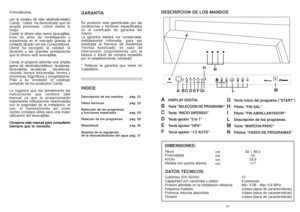 Page 12G 
Tecla inicio del programa ("START") 
H 
Piloto "FIN SAL" 
I 
Piloto "FIN ABRILLANTADOR" 
L
Descripción de los programas
M
Tecla “MARCHA/PARO” 
N
Pilotos “FASES DE PROGRAMAS”
23
Cubiertos (EN 50242)
Capacidad con cacerolas y platos
Presión admitida en la instalación eléctrica
Amperios fusibles
Potencia máxima absorbida
Tensión15
9 personas
Min. 0,08 - Max 0,8 MPa
(véase placa de características)
(véase placa de características)
(véase placa de características)DESCRIPCION DE LOS...