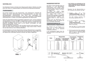 Page 2650
WATERBLOCK
Abb. 1A
Das Waterblock-System verhindert einen Wasseraustritt selbst im Störfall und erhöht
durch den Schutz vor Wasserschäden die Sicherheit des Spülmaschinenbetriebs.FunktionsweiseDas System besteht aus zwei Komponenten: einer Bodenwanne unterhalb des
Geräts und einem Sicherheitsventil am Wasserabsperrhahn. Im Falle eines
störungsbedingten Wasseraustritts, etwa durch eine Undichtigkeit des
Wasserschlauchs, tritt das hydraulisch, d.h. auch ohne Stromzufuhr funktionsfähige
Sicherheitsventil...