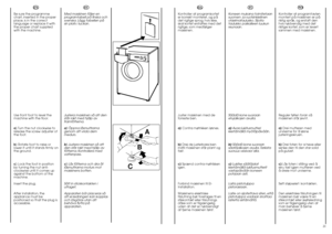 Page 1120
EN
SV
Be sure the programme
chart, inserted in the proper
place, is in the correct
language or replace it with
the proper chart supplied
with the machine.
Use front foot to level the
machine with the floor.
a) Turn the nut clockwise to
release the screw adjuster of
the foot.
b) Rotate foot to raise or
lower it until it stands firmly on
the ground.
c) Lock the foot in position
by turning the nut anti-
clockwise until it comes up
against the bottom of the
machine.
Insert the plug.
After installation,...