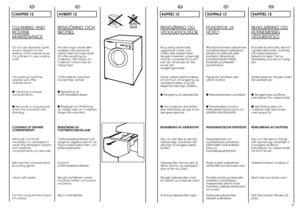 Page 27EN
DA
SV
FI
NO
KAPITEL 12RENGØRING OGVEDLIGEHOLDELSEBrug aldrig slibemidler,
aggressive midler, sure
midler eller blegemidler.
Rengør maskinen udvendigt
med en opvredet klud, evt.
kan der anvendes en lille
smule alm.
rengøringsmiddel.
Deres vaskemaskine kræver
et minimum af rengøring og
vedligeholdelse, dog bør
følgende jævnligt udføres.:
 Rengøring af sæbeskuffe.
 Hvis maskinen skal flyttes,
eller efterlades ubrugt for en
længere periode.
RENGØRING AF SÆBESKUFFE
Selv om det ikke er absolut
nødvendigt,...