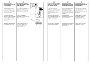 Page 28EN
DA
SV
FI
NO
REMOVALS OR LONG
PERIODS WHEN THE MACHINE
IS LEFT STANDING
For eventual removals or
when the machine is left
standing for long periods in
unheated rooms, the drain
hose should be emptied of
all remaining water.
The appliance must be
switched off and unplugged.
A bowl is needed. Detach
the drainage hose from the
clamp and lower it over the
bowl until all the water is
removed.
Repeat the same operation
with the water inlet hose.ÅTGÄRDER VID  FLYTTNING
ELLER NÄR MASKINEN LÄNGE
STÅR OANVÄND
Om...