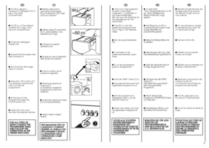 Page 26● Metta nella prima
vaschetta di lavaggio 
60 g di detersivo (se 3 kg):
circa un misurino.
● Metta nella 2ª vaschetta 
50 cc dell’additivo che
desidera (se 3 kg).
● Chiuda il cassetto
detersivo (A).
● Si assicuri che il rubinetto
dell’acqua sia aperto.
● Che lo scarico sia in
posizione regolare.
● Prema il pulsante di
marcia (C).
La lavatrice svolgerà il
programma che le ha
ordinato.
● Al termine riprema il tasto
(C) di marcia/arresto.
● Apra l’oblò e tolga i
tessuti.PER QUALSIASI TIPO DI
LAVAGGIO...