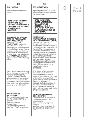 Page 1414
CTECLA START/PAUSA 
Apretar para iniciar el ciclo seleccionado con el mandode programas.
NOTA: DESPUÉS DE HABER APRETADO LATECLA START, SENECESITAN UNOSSEGUNDOS PARA QUELA LAVADORA INICIE ELPROGRAMA.
MODIFICAR LA PROGRAMACIÓN DESPUÉS DELINICIO DEL PROGRAMA (PAUSA)Después del inicio delprograma pueden sermodificados sólo las opciones yparámetros mediante las teclasfunción. Mantener pulsada latecla “INICIO/PAUSA” duranteaproximadamente 2 segundos.La luz indicadora de las teclasde opciones y del...