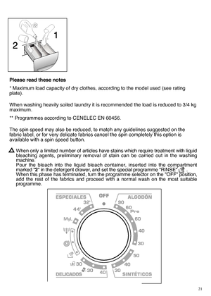 Page 2121
Please read these notes 
* Maximum load capacity of dry clothes, according to the model used (see rating plate). 
When washing heavily soiled laundry it is recommended the load is reduced to 3/4 kg maximum. 
** Programmes according to CENELEC EN 60456. 
The spin speed may also be reduced, to match any guidelines suggested on the fabric label, or for very delicate fabrics cancel the spin completely this option isavailable with a spin speed button. 
When only a limited number of articles have stains...
