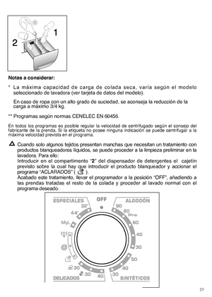 Page 2323
Notas a considerar: 
* La máxima capacidad de carga de colada seca, varía según el modelo 
seleccionado de lavadora (ver tarjeta de datos del modelo). 
En caso de ropa con un alto grado de suciedad, se aconseja la reducción de la carga a máximo 3/4 kg. 
** Programas según normas  CENELEC EN 60456.
En todos los programas es posible regular la velocidad de centrifugado según el consejo del fabricante de la prenda. Si la etiqueta no posee ninguna indicación se puede centrifugar a lamáxima velocidad...