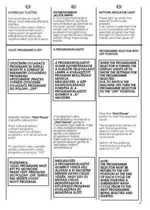 Page 3737
HU
NYOMÓGOMBOK JELZÃLÁMPÁIA nyomógomblámpák ahozzájuk tartozó gomboklenyomásakor gyulladnak fel.Ha olyan opciót választ,amely nem kompatibilis akiválasztott programmal,akkor a gombnál lévŒ lámpaelŒször villog, majd pedigkialszik.  
A PROGRAMVÁLASZTÓ
A PROGRAMVÁLASZTÓ GOMB ELFORDÍTÁSAKORA KIJELZÃN FELGYULLADÓLÁMPA A KIVÁLASZTOTTPROGRAM BEÁLLÍTÁSAITMUTATJA.MEGJEGYZÉS: A GÉPKIKAPCSOLÁSÁHOZFORDÍTSA EL APROGRAMVÁLASZTÓGOMBOT A „KI”HELYZETBE.
A kiválasztott ciklusbeindításához nyomja le a„Start/Szünet”...