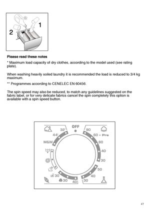 Page 4747
Please read these notes 
* Maximum load capacity of dry clothes, according to the model used (see rating plate). 
When washing heavily soiled laundry it is recommended the load is reduced to 3/4 kg maximum. 
** Programmes according to CENELEC EN 60456. 
The spin speed may also be reduced, to match any guidelines suggested on the fabric label, or for very delicate fabrics cancel the spin completely this option isavailable with a spin speed button.
 
 