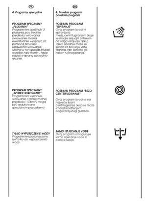 Page 5050
HR 
4. Posebni programi poseban program 
POSEBAN PROGRAM “ISPIRANJE“Ovaj program izvodi triispiranja samedjucentrifugiranjem (kojese modje iskljudjiti pritiskomna odgovarajudju tipku).Takvo ispiranje moÏe sekoristiti za bilo koju vrstutkanina, npr. koristite ganakon ruãnog pranja. 
POSEBAN PROGRAM “BRZO CENTRIFUGIRANJE“ 
Ovaj program izvodi se na najveçoj brzinicentrifugiranja (koja se moÏesmanjiti kori‰tenjemodgovarajuçeg gumba). 
SAMO ISTJECANJE VODE  Ovaj program omoguçujesamo istjecanje vode...