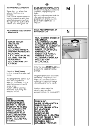 Page 3434
M
HR 
SVJETLOSNI POKAZATELJI TIPKI  Ova svjetla ukljuãuju se kadaje pritisnuta pripadajuçatipka.Ako je odabrana opcija kojanije u skladu s odabranimprogramom pranja, svjetloprvo trepti a zatim çe seiskljuãiti. 
GUMB PROGRAMATORA SA POLOÎAJEM OFF  
OVAJ GUMB SE OKREåE U OBA SMJERA.KADA OKRENETE GUMBZA ODABIR PROGRAMA,ZASVJETLIT åE SVJETLOSNIPOKAZATELJ ZA BROJOKRETAJA CENTRIFUGE.NAPOMENA: ZAISKLJUâENJE PERILICE,OKRENITE GUMB ZAODABIR PROGRAMA NAPOLOÎAJ “OFF”(ISKLJUâENO).
Pritisnite tipku  START/PAUSEda...