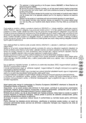 Page 80This appliance is marked according to the European directive 2002/96/EC on Waste Electrical and Electronic Equipment (WEEE).By ensuring this product is disposed of correctly, you will help prevent potential negative consequencesfor the environment and human health, which could otherwise be caused by inappropriate wastehandling of this product.The symbol on the product indicates that this product may not be treated as household waste. Instead itshall be handed over to the applicable collection point for...