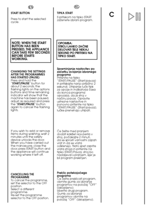 Page 2626
CSTART BUTTON  
Press to start the selected cycle.
NOTE: WHEN THE START BUTTON HAS BEENPRESSED, THE APPLIANCECAN TAKE FEW SECONDSBEFORE STARTSWORKING.
CHANGING THE SETTINGS AFTER THE PROGRAMMESHAS STARTED (PAUSE)Press and hold the“ START/PAUSE” button for about 2 seconds, theflashing lights on the optionsbuttons and time remainingindicator will show that themachine has been paused,adjust as required and pressthe “ START/PAUSE” button again to cancel the flashinglights. 
If you wish to add or remove...