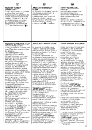 Page 3131
„MOSÁSI HÃMÉRSÉKLET” GOMBA „Mosási hŒmérséklet” gombmindegyik programban amosási hŒmérsékletcsökkentését teszi lehetŒvé.A gomb minden egyeslenyomásakor a hŒmérsékleta minimális 15°C értékig(hideg mosás      ) csökken. 
„KÉSLELTETETT INDÍTÁS” GOMB 
Ez a gomb a mosási ciklus elŒzetes beprogramozásátteszi lehetŒvé, ezáltal a cikluskezdete legfeljebb 24 órávalkésleltethetŒ. Az indítás késleltetése azalábbi eljárással végezhetŒ el:Állítsa be a kívánt programot.Az aktiváláshoz nyomja leegyszer a gombot (h00...