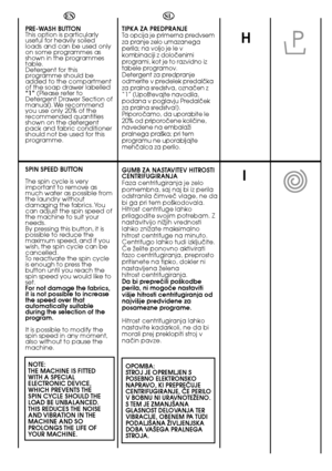 Page 3434
H
I
EN 
PRE-WASH BUTTON  This option is particularlyuseful for heavily soiledloads and can be used onlyon some programmes asshown in the programmestable.Detergent for thisprogramme should beadded to the compartmentof the soap drawer labelled“1” (Please refer to Detergent Drawer Section ofmanual). We recommendyou use only 20% of therecommended quantitiesshown on the detergentpack and fabric conditionershould not be used for thisprogramme. 
SPIN SPEED BUTTON 
The spin cycle is very important to remove...
