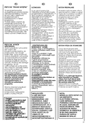 Page 3535
HU 
ELÕMOSÁS 
Ez az opció pamut és mûszálas ruhanemûk mosásiprogramjához használható. ASport program esetében azelõmosás automatikusanmûködik. Ez az opciókülönösen hasznos erõsenszennyezett ruhákhoz; a fõmosási program kiválasztásaelõtt lehet használni. Azehhez a programhoz valómosószert az adagolófiók “1”jelzésû elsõrekeszébe kell tenni (lásd aHasználati utasítás“Adagolófiók” címû részét).Azt ajánljuk, hogy azelõmosószer mennyisége afõmosáshoz használtmosószer mennyiségénekcsak a 20%-a legyen....