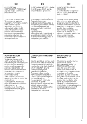 Page 3939
HU 
6) PROGRAM KEZDETE LÁMPA Ez a lámpa a START gomblenyomásakor gyullad ki. 
7) SZENNYEZETTSÉG MÉRTÉKE Egy adott programkiválasztásakor felgyullad amegfelelŒ jelzŒlámpa, amelya minimális lehetségesszennyezettségi mértéketmutatja.Egy nagyobbszennyezettségi mértéknek aspeciális gombbal történŒkiválasztásakor felgyullad amegfelelŒ jelzŒlámpa. 
„SZENNYEZETTSÉG MÉRTÉKE” GOMB 
Ezzel a gombbal (amely csak a PAMUT és a KEVERT SZÁLASprogram esetében aktív) amosásintenzitás 3 szintje közüllehet választani a...