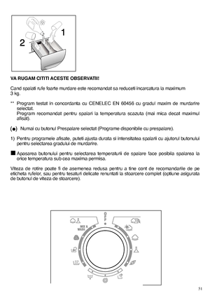 Page 51VA RUGAM CITITI ACESTE OBSERVATII! 
Cand spalati rufe foarte murdare este recomandat sa reduceti incarcatura la maximum 3 kg. 
** Program testat in concordanta cu CENELEC EN 60456 cu gradul maxim de murdarire selectat.Program recomandat pentru spalari la temperatura scazuta (mai mica decat maximulafisat). 
Numai cu butonul Prespalare selectat (Programe disponibile cu prespalare).
1) Pentru programele afisate, puteti ajusta durata si intensitatea spalarii cu ajutorul butonului pentru selectarea gradului...