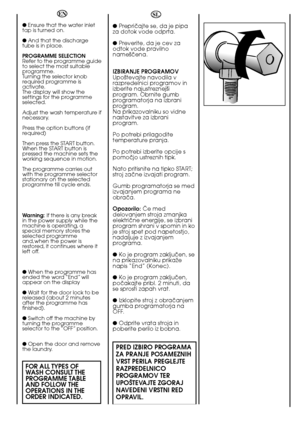 Page 6666
EN
● Ensure that the water inlet tap is turned on. 
●  And that the discharge tube is in place. 
PROGRAMME SELECTION Refer to the programme guideto select the most suitableprogramme.Turning the selector knobrequired programme isactivate.The display will show thesettings for the programmeselected. 
Adjust the wash temperature if necessary. 
Press the option buttons (if required) 
Then press the START button. When the START button ispressed the machine sets theworking sequence in motion. 
The programme...