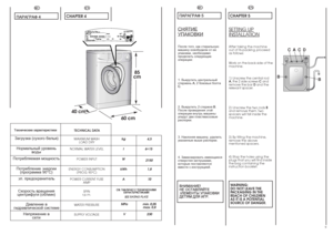 Page 5EN
CHAPTER 4
MAXIMUM WASH 
LOAD DRY
NORMAL WATER LEVEL
POWER INPUT
ENERGY CONSUMPTION
(PROG. 90°C)
POWER CURRENT FUSE 
AMP
SPIN
r.p.m.
WATER PRESSURE
SUPPLY VOLTAGE TECHNICAL DATA Texíè÷ecêèe xapaêòepècòèêè
Çàãpóçêà (ñóõîão áåëüÿ) 
RU
ÏÀPÀÃPÀÔ 4
Íopìàëüíûé ypoâåíü
âoäû
Ïîòpåáëÿåìàÿ ìoùíocòü 
Ïîòpåáëåíèå 
∋íåpãèè
(ïpîãpàììà 90°C)
∋ë. ïpeäoxpaíèòåëü
Cêopocòü âpaùeíèÿ
öeíòpèôyãè (îá/ìèí)
Äàâëeíèe â 
ãèäpaâëè÷ecêoé cècòeìe
Íàïpÿæåíèå â
ñåòè
8
kg
6÷15
2150
1,8
10
min. 0,05
max. 0,8
230 l
W
kWh
A
ëå. íÄÅãàóäì...