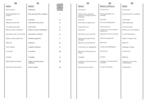 Page 3FR
INDEXAvant-propos
Notes générales à la
livraison
Garantie
Mesures de sécurité
Données techniques
Mise en place, installation
Description des commandes
Tableau des programmes
Sélection
Tiroir à lessive
Le produit
Lavage
Nettoyage et entretien 
Recherche des pannesCHAPITRE
CAPITOLO
CAPÍTULO
CAPÍTULO
CHAPTER
1
2
3
4
5
6
7
8
9
10
11
12
13
45
EN
INDEXIntroduction
General points on delivery
Guarantee
Safety Measures
Technical Data
Setting up and Installation
Control Description
Table of Programmes...