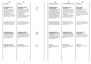 Page 2752
53
EN
4. SPECIALS 
SPECIAL “RINSE”
PROGRAMME
This programme carries out
three rinses with a
intermediate spin (which
can be excluded by using
the correct button). It can
be used for rinsing any type
of fabric, eg. use after hand-
washing.
This program can be also
used  as cycle of Bleaching
(see table of washing cycle
programmes).
SPECIAL “FAST SPIN”
PROGRAMME
Programme “FAST SPIN”
carries out a maximum spin
(which can be reduced by
using the correct button).
DRAIN ONLY
This programme drains out
the...