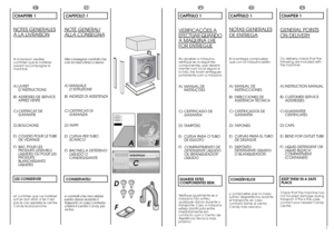 Page 46
7
FR
CHAPITRE 1NO
TES GENERALES
A LA LIVRAISONA la livraison veuillez,
contrôler que le matériel
suivant accompagne la
machine:A) LIVRET
D’INSTRUCTIONS
B) ADRESSES DE SERVICE
APRES VENTE
C) CERTIFICAT DE
GARANTIE
D) BOUCHONS
E) COUDES POUR LE TUBE
DE VIDANGE
F)BAC POUR LES
PRODUITS LESSIVIELS
LIQUIDES OU POUR LES
PRODUITS
BLANCHISSANTS
LIQUIDES
LES CONSERVERet contrôler que ce matériel
soit en bon état; si tel n’est
pas le cas appelez le centre
Candy le plus proche.
EN
CHAPTER 1GENERAL POINTSON...