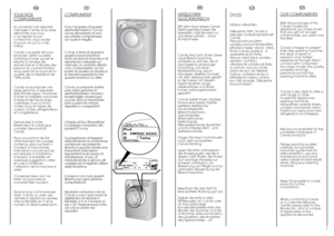 Page 22
FR
IT
TOUS NOSCOMPLIMENTSEn achetant cet appareil
ménager Candy, vous avez
démontré que vous
n’acceptez aucun
compromis: vous voulez
toujours ce qu’il y a de
mieux.
Candy a le plaisir de vous
proposer cette nouvelle
machine à laver qui est le
résultat d’années de
recherches et d’études des
besoins du consommateur.
Vous avez fait le choix de la
qualité, de la fiabilité et de
l’efficacité.
Candy vous propose une
large gamme d’appareils
électroménagers: machines
à laver la vaisselle, machines
à laver et...