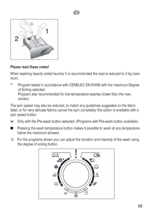 Page 55
 55 
  
 
 
Please read these notes! 
When washing heavily soiled laundry it is mmended the load is reduced to 3 kg maxi-reco
mum. 
**  Program tested in
of Soiling selected
 Progra
 accordance with CENELEC EN 60456e maximum Degree 
. 
m also recommended for low-temperature washes (lower than the max. 
o be reduced, to mnidelinesd on the ic 
r for very delicate fabrics cancel the spin coletely thion is avlablth a
ed button. 
 with th
shown). 
he spin speed may alsTatch ay gu sugg
sti
estefabr
label, o...