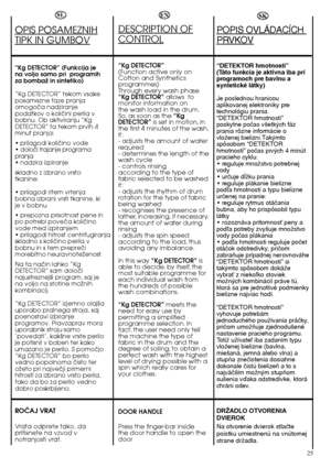 Page 2525
OPIS POSAMEZNIH
TIPK IN GUMBOV
“Kg DETECTOR” (Funkcija je na voljo samo pri  programihza bombaÏ in sintetiko) 
“Kg DETECTOR” tekom vsake posamezne faze pranjaomogoãa nadziranjepodatkov o koliãini perila vbobnu. Ob aktiviranju “KgDETECTOR” ta tekom prvih 4minut pranja: 
•  prilagodi koliãino vode • doloãi trajanje programa pranja• nadzira izpiranje 
skladno z izbrano vrsto tkanine: 
• prilagodi ritem vrtenja bobna izbrani vrsti tkanine, kije v bobnu 
• prepozna prisotnost pene in po potrebi poveãa...