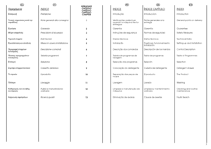 Page 3IT
INDICEPrefazione Note generali alla consegna Garanzia Prescrizioni di sicurezza Dati tecnici Messa in opera, installazione Descrizione comandiTabella programmiSelezione Cassetto detersivoIl prodotto Lavaggio Pulizia e manutenzione ordinaria Ricerca guasti 
KO CAPITOLOCAPÍTULOCAPÍTULOCHAPTER 
1 2 3 4 5 678910 11 12 13 
4 
5
EN
INDEXIntroduction General points on delivery Guarantee Safety Measures Technical Data Setting up and Installation Control DescriptionTable of ProgrammesSelectionDetergent...