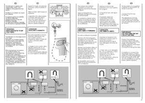 Page 1018
min 50 cm max 85 cm 
+2,6 mt max
max 100 cm
min 4 cm
min 50 cm max 85 cm 
+2,6 mt max
max 100 cm
min 4 cm
19
EN 
Fix the sheet of corrugated material on the bottom asshown in picture. Connect the fill hose  to the tap. The appliance must be connected to the watermains using new hose-sets.The old hose-sets should notbe reused.IMPORTANT: DO NOT TURN THE TAP ON AT THIS TIME.Position the washing machine next to the wall.Hook the outlet tube to theedge of the bath tub,paying attention that thereare no...