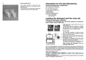 Page 815
Information for the test laboratories.
General programme comparison
(see programmes selection)
Loading the detergent and the rinse aid.
Filling the detergent container
It is essential to use a detergent that is specifically designed for dishwashers
either in powder, liquid or tablet form. Ref. EN 50242 Standards:
1) Upper basket position: low
2) Normal load
3) Shine setting: 5
4) Economy button pressed
5) Amount of detergent:
–    8 gr for pre-wash
–  22 gr for wash.
Finish gives very good results and...