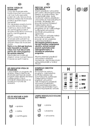 Page 3232 
BUTON “VITEZA DE STOARCERE”Ciclul de stoarcere estefoarte important sa scoatacat mai multa apa esteposibil din rufe, fara sa stricetesatura. Viteza de stoarcerepoate fi ajustata dupanecesitati.Prin apasarea acestui butonse poate reduce vitezamaxima si, daca doriti, fazade centrifugare poate fianulata (indicatorul luminouspentru centrifugare sestinge).Pentru a reactiva ciclul destoarcere este suficient saapasati butonul pana candobtineti viteza de stoarceredorita.Pentru a nu distruge tesatura,este...