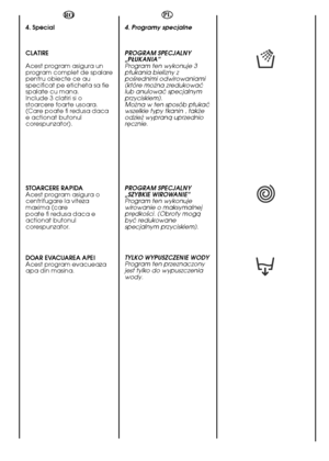 Page 4848
PL 
4. Programy specjalne 
PROGRAM SPECJALNY „P¸UKANIA”Program ten wykonuje 3p∏ukania bielizny zpoÊrednimi odwirowaniami(które mo˝na zredukowaçlub anulowaç specjalnymprzyciskiem).Mo˝na w ten sposób p∏ukaçwszelkie typy tkanin , tak˝eodzie˝ wypranà uprzednior´cznie. 
PROGRAM SPECJALNY „SZYBKIE WIROWANIE”Program ten wykonujewirowanie o maksymalnejpr´dkoÊci. (Obroty mogàbyç redukowanespecjalnym przyciskiem). 
TYLKO WYPUSZCZENIE WODY Program ten przeznaczonyjest tylko do wypuszczeniawody.
RO 
4. Special...