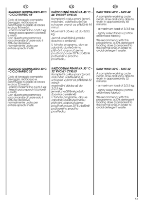Page 5353
DAILY WASH 40°C – FAST 44’ 
A complete washing cycle (wash, rinse and spin), able towash in approximately 44minutes: 
- a maximum load of 3/3,5 kg;
- lightly soiled fabrics (cotton and mixed fabrics) 
We recommend, with this programme, a 30% detergentloading dose (compared tothe normal one), in order toavoid detergent waste. 
DAILY WASH 30°C – FAST 32’ 
A complete washing cycle (wash, rinse and spin), able towash in approximately 32minutes: 
- a maximum load of 2/2,5 kg;
- lightly soiled fabrics...