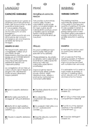 Page 6161
EN
WASHING
VARIABLE CAPACITY
This washing machine automatically adapts the levelof the water to the type andquantity of washing. In this wayit is also possible to obtain a“personalized” wash from anenergy saving point of view.This system gives a decrease inenergy consumption and asensible reduction in washingtimes.
EXAMPLE: 
A net bag should be used for particularly delicatefabrics. 
Let us suppose that the washing consists of HEAVILYSOILED COTTON (toughstains should be removedwith suitable stain...